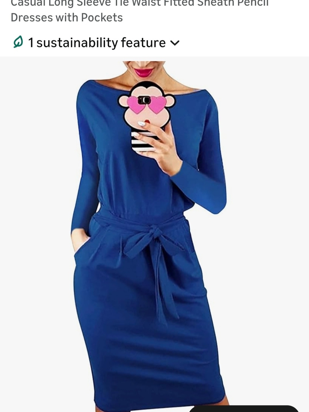 Blue Long-Sleeve Tie-Waist Sheath Dress